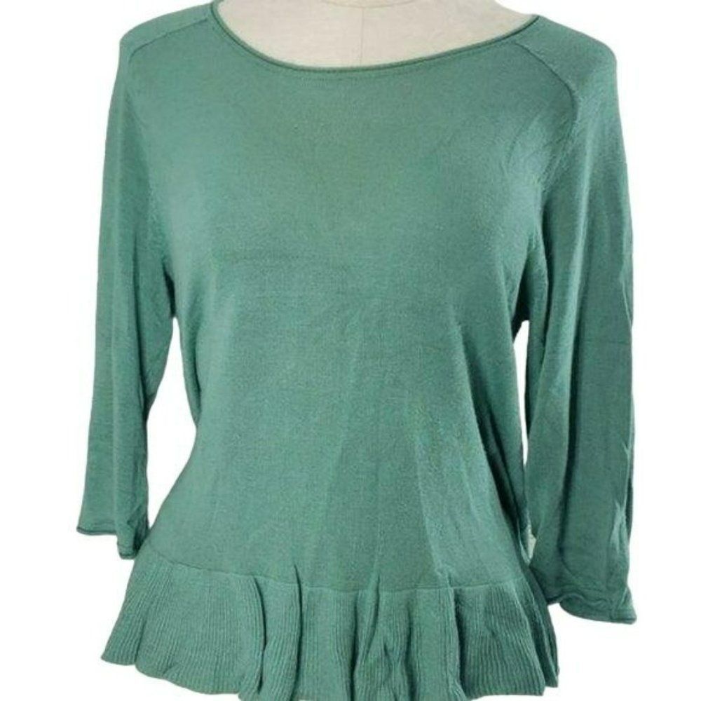 H&M Green Peplum Ruffle Hem Knit Top 3/4 Sleeve Round Neck Size M